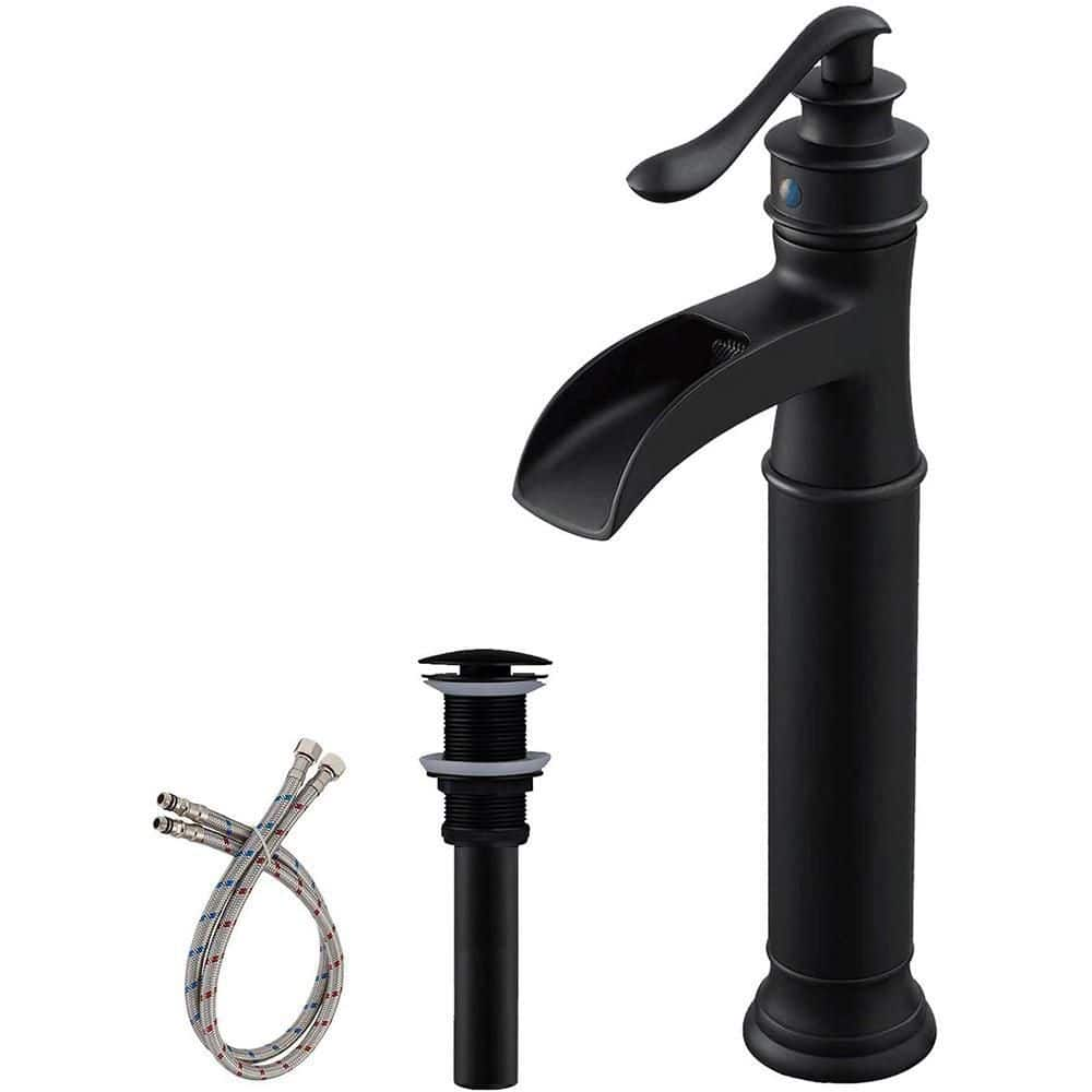 BWE Waterfall Single Hole Single-Handle Vessel Bathroom Faucet With Pop-up Drain Assembly in Matte Black