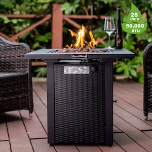 28 in. 50000 BTU Metal Outdoor Gas Propane Fire Pit Table with Lid and Adjustable Flame, Wicker Look for Backyard, Black