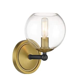 Kearney Park 5.875 in. 1-Light Black and Soft Brass Vanity Light with Clear Glass Shade