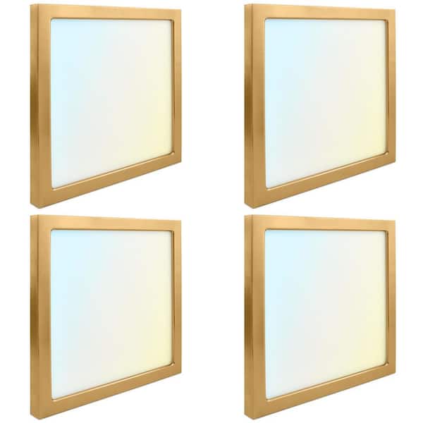 LUXRITE 9 in. Brass Modern Square LED Flush Mount Ceiling Light Integrated 18-Watt 1250LM 5CCT 2700K to 5000K Dimmable (4-Pack)