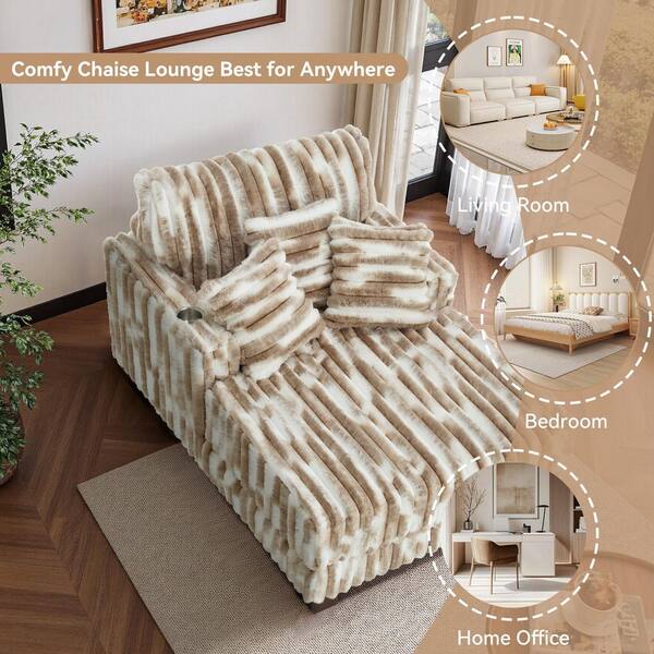 Uixe White Brown Faux Rabbit Fur Polyester 2-Arm Chaise Lounge