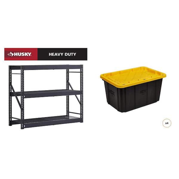 65 in. W 3-Shelf Metal Garage Shelving Unit and 27 Gal. Black and Yellow Storage Tote (4-Count) Combo