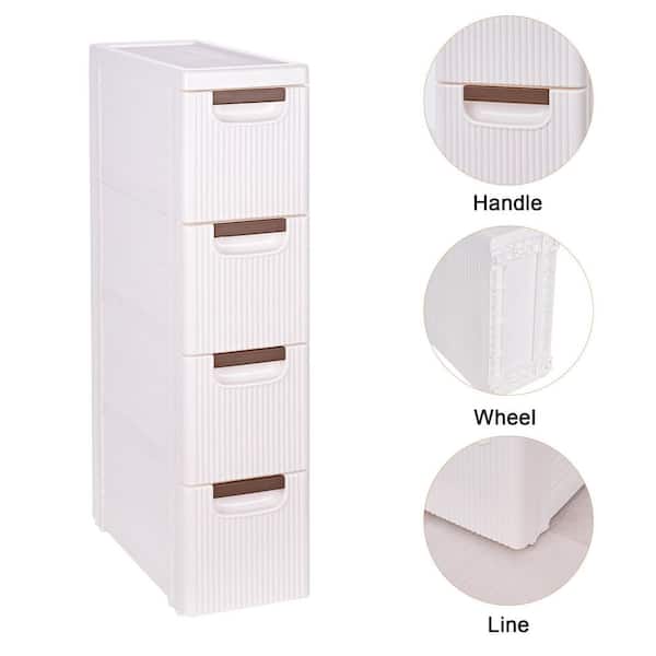 Narrow Bathroom Storage Cabinet with 4-Drawers, Slim Rolling Accent Storage Organizer with Wheels, White