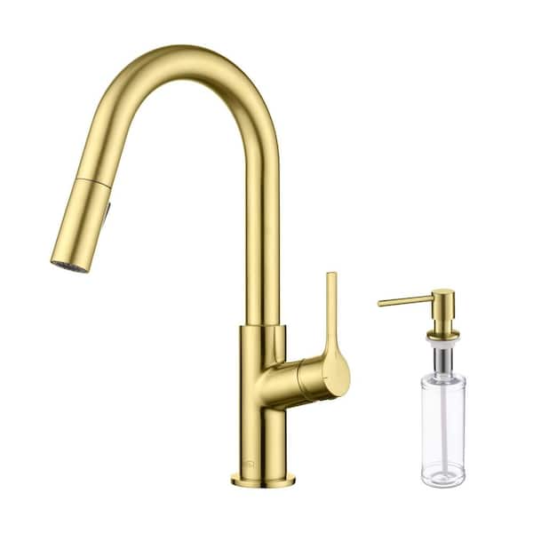 Fusion Single Handle Pull Down Kitchen and Bar Sink Faucet with Soap Dispenser-Brushed Gold
