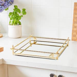 15 in. Bamboo Style Rectangle Metal Mirror Gold Decorative Tray