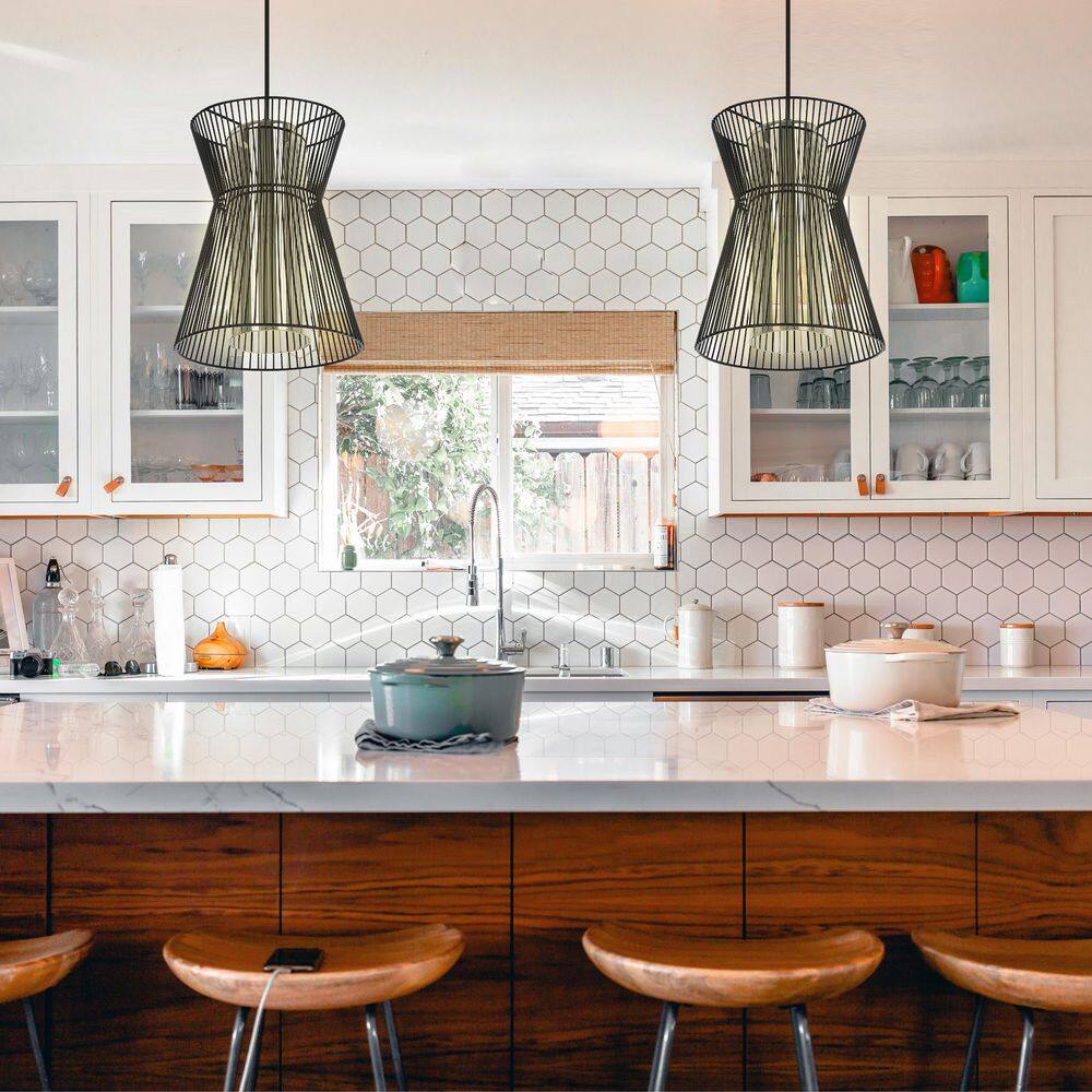 Maseta Black Glass and Metal Drum Pendant Light