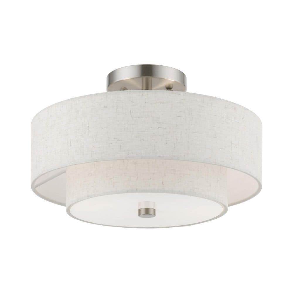 Brushed Nickel 2-Light Drum Semi-Flush Mount with Glass Shade