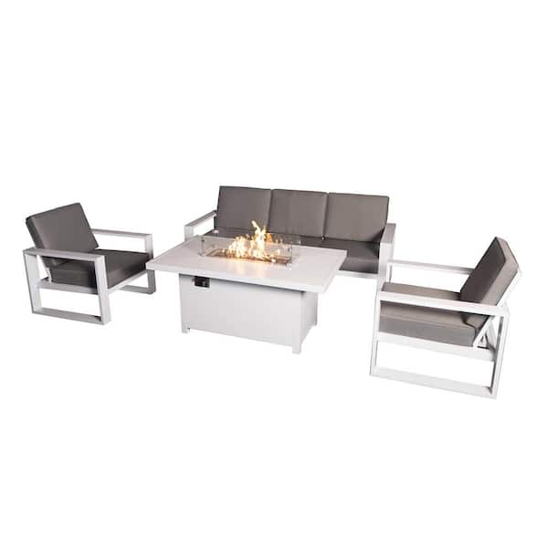 PATIOPTION Aluminum Patio Conversation Set with Gray Cushion, White 55.12 in. Fire Pit Table Sofa Set - 2 Armchair+3Seater