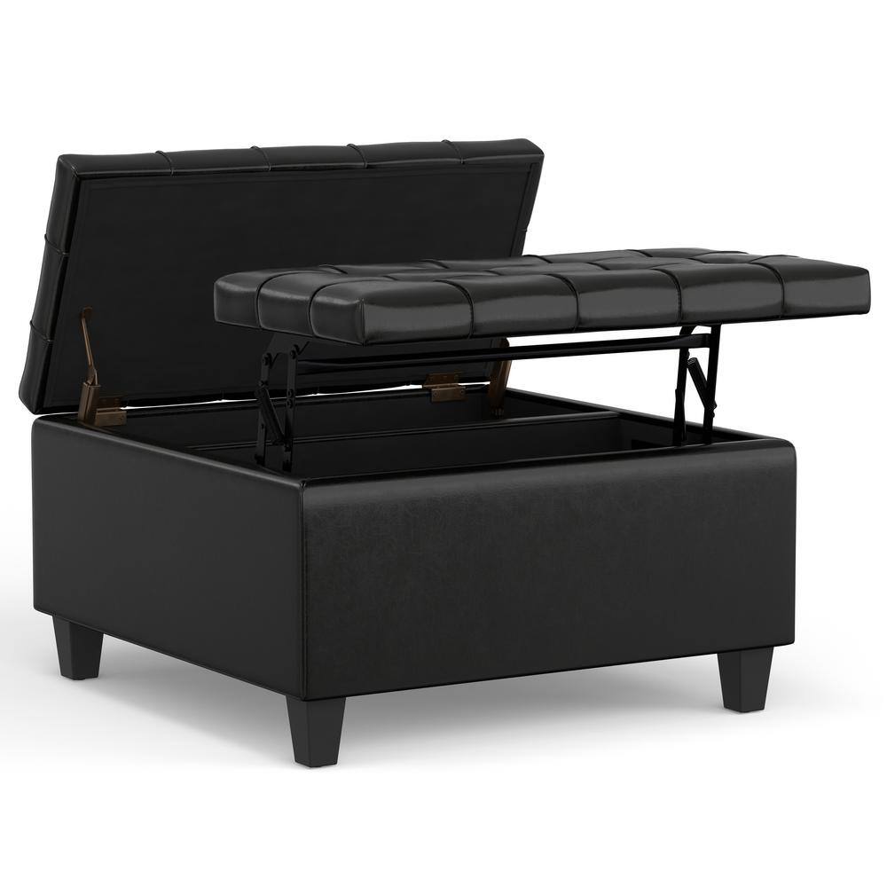 Midnight Black Tufted Faux Leather Storage Ottoman