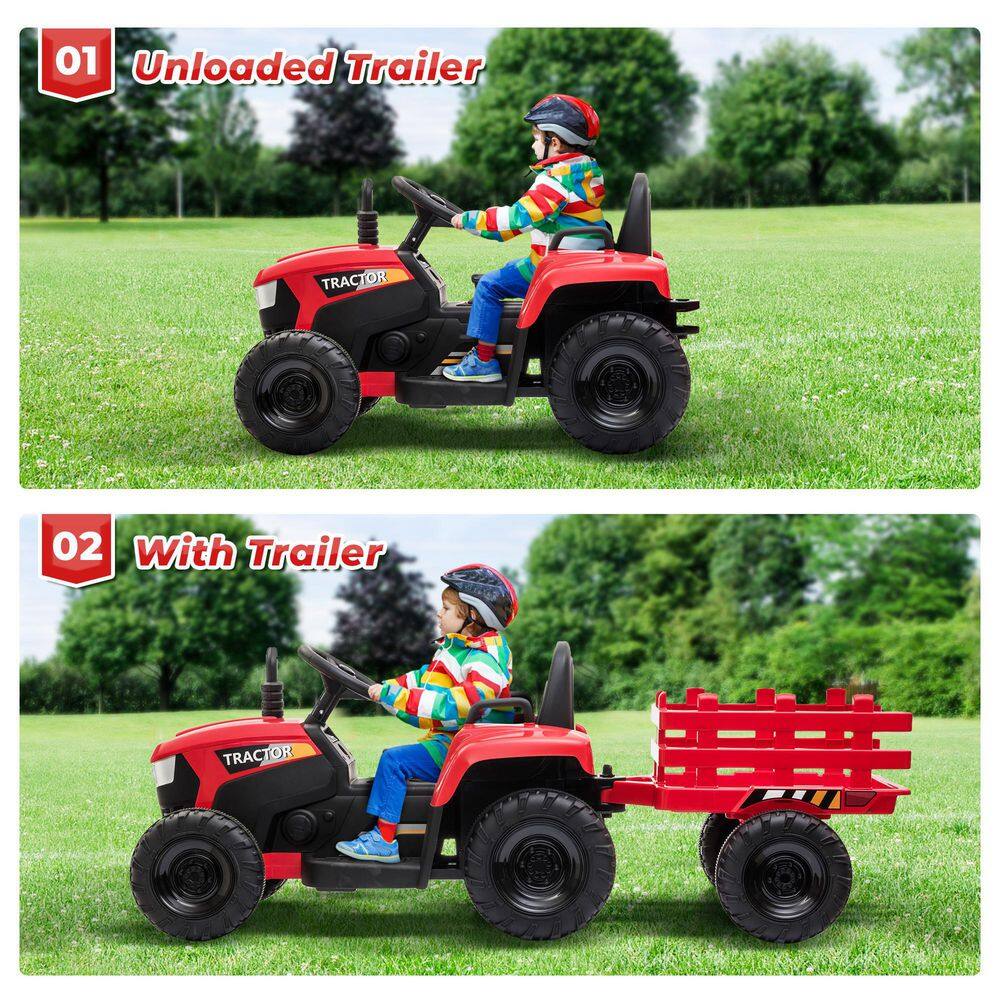 Red 12V Kids Ride-On Tractor with Trailer and LED Lights