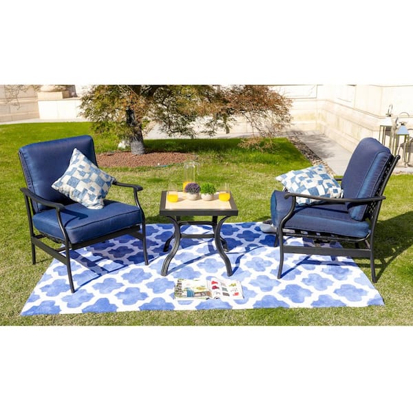 Patio Festival 3-Piece Metal Patio Conversation Set with Blue Cushions