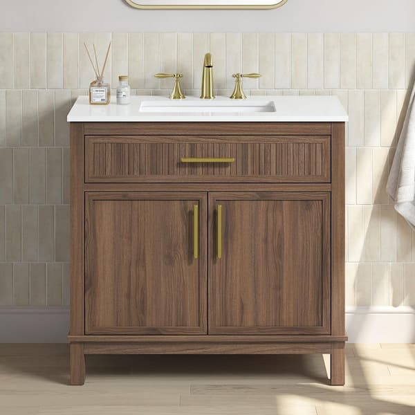 Riley 36 in. Single Sink Spiced Walnut Bath Vanity with White Engineered Stone Top (Assembled)
