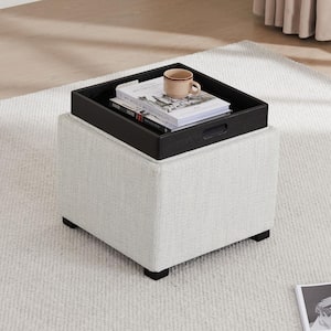 Riley 18 in. Wide Fabric Contemporary Square Storage Ottoman with Tray Serve as Side Table in Ivory