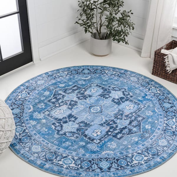 Maris Ornate Blue/Navy 6 ft. Medallion Machine-Washable Round Area Rug