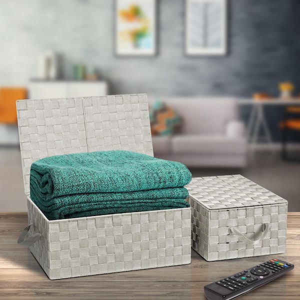 Sorbus Storage Baskets with Lid, Beige 17 in. W x 7 in. H Plastic Decorative Basket Set of 3, Woven Mesh Linen Closet Organizer