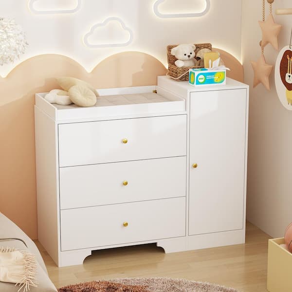 FUFU&GAGA White 3-Drawer 47.2 in. Width Wood Changing Table, Nursery Dresser Storage Organizer, Diaper Changing Table with 2-Shelf