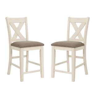 White Wood, Grey Fabric with X Cross Back and Nail Head Trim, Counter Height Chair, Set of 2