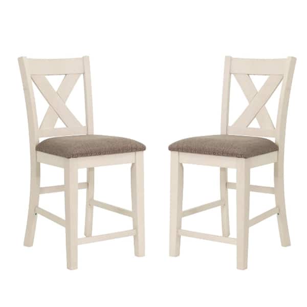 SIMPLE RELAX White Wood, Grey Fabric with X Cross Back and Nail Head Trim, Counter Height Chair, Set of 2