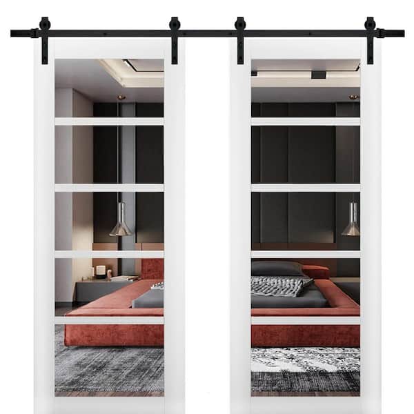 Sartodoors 18 in. x 84 in. 2 Panel Clear Glass White Solid MDF Sliding Barn Door with Hardware Kit