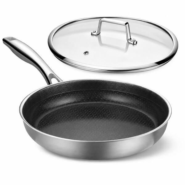 12 In. Ceramic Hybrid Nonstick Frying Pan with Lid, Stainless Steel Skillet, Oven-Safe to 500 Degrees F