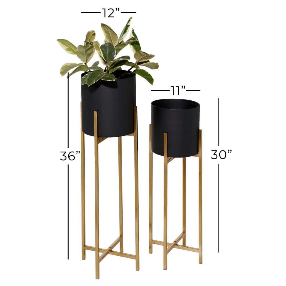 Set of 2 Black and Gold Metal Planters with Stands