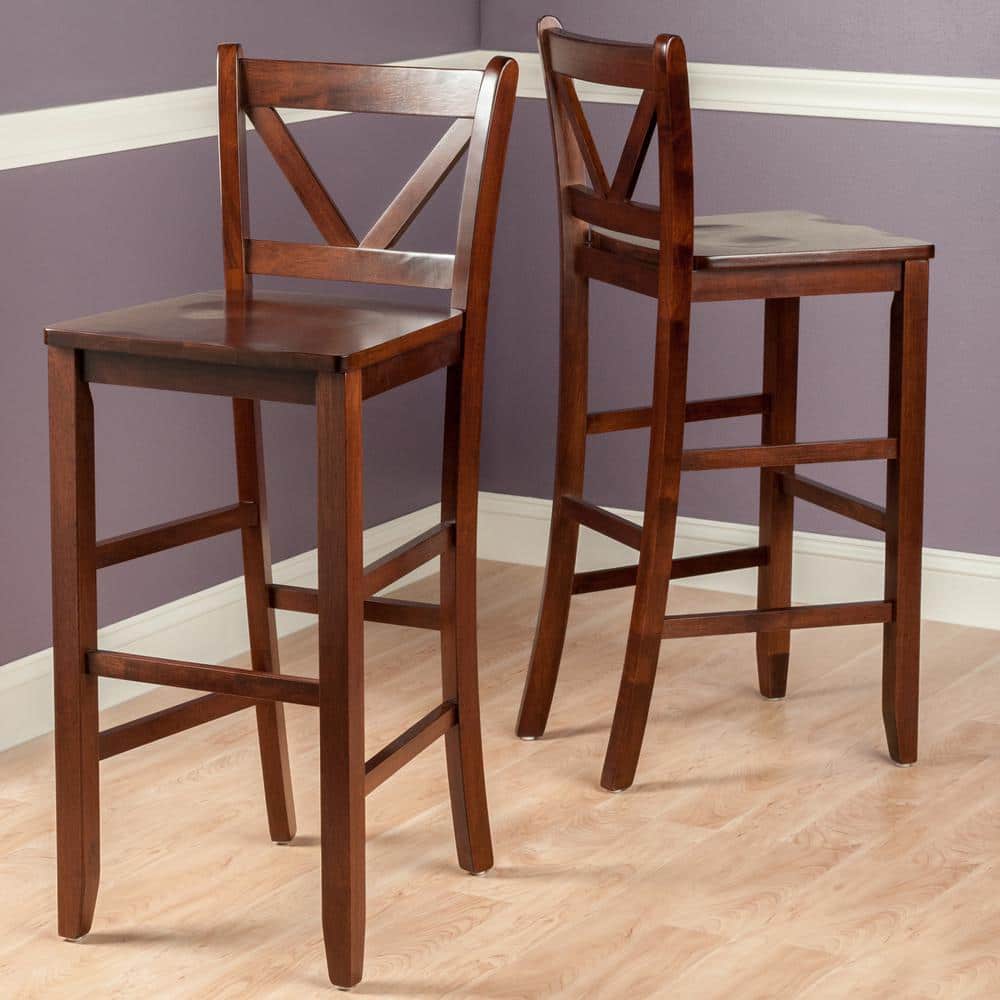 Elegant Walnut Finish V-Back Bar Stool Set, 30" Height