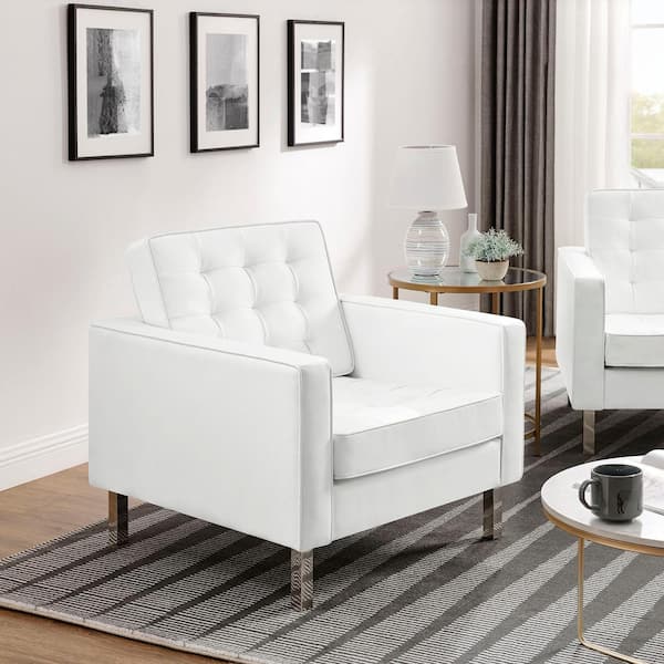 Loft Tufted Vegan Leather Upholstered Living Room Armchairs in Silver White-Set of 2