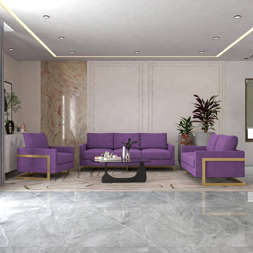 Purple Velvet 3-Piece Sofa Set with Gold Stainless Steel Base