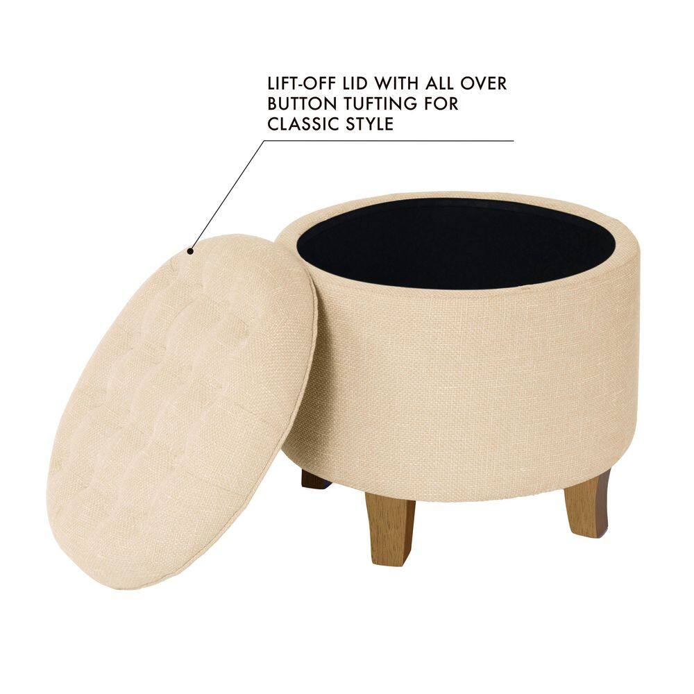 Light Tan Round Tufted Storage Ottoman with Wooden Legs