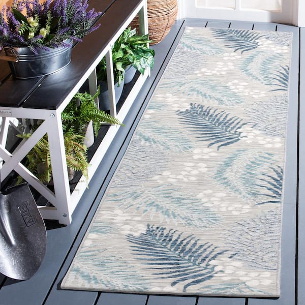 Sunrise Gray/Blue Ivory 2 ft. x 8 ft. Oversized Tropical Reversible Indoor/Outdoor Runner Rug