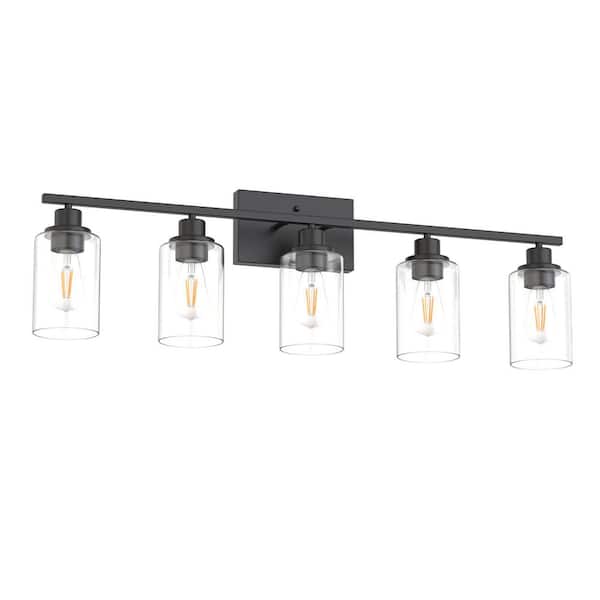 35 in. Industrial 5-Light Matte Black Farmhouse Vanity Light with Glass Shades for Bathroom