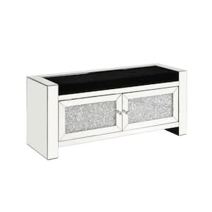 47 in. Silver Low Back Bedroom Bench with Fuax Diamond and 2 Cabinets