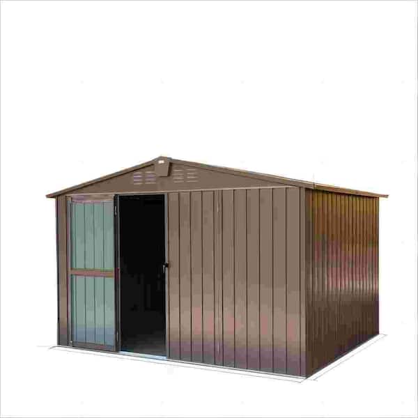 Unbranded 10 ft. W x 8 ft. D Metal Outdoor Metal Storage Shed, Lockable, Brown Covers 80 sq. ft. Backyard