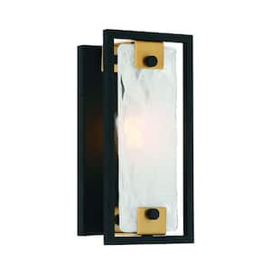 Hayward 6 in. W x 12 in. H 1-Light Matte Black with Warm Brass Accents Wall Sconce with Strie Piastra Glass Shade