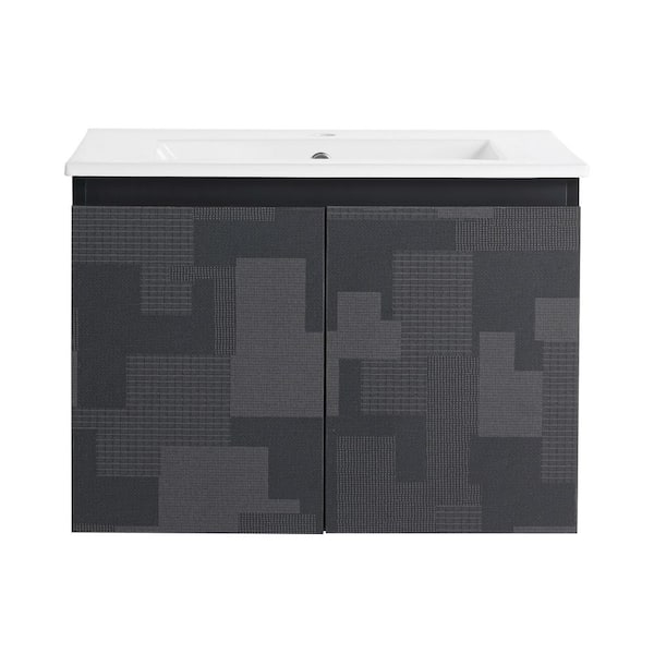 24 in. W x 18.3 in. D x 17.3 in. H Wall Mounted Bath Vanity in Black with White Ceramic Vanity Top