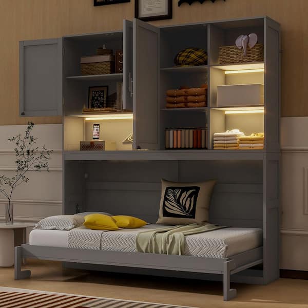 Gray Wood Frame Twin Size Murphy Bed Wall Bed with Shelves, Cabinets, Light, USB