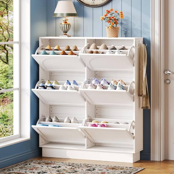 49.2 in. H x 41.3 in. W White Wood Shoe Storage Cabinet with 6 Flip Drawers, Adjustable Shelf, 3 Hooks