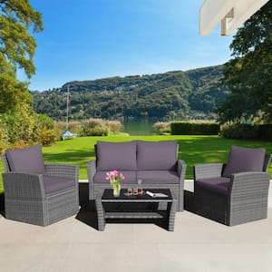 4-Piece Wicker Patio Conversation Set with Gray Cushions