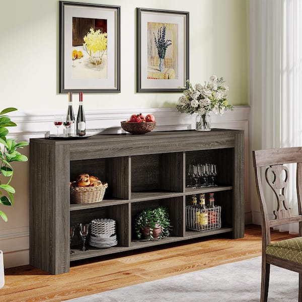 BYBLIGHT Turrella 62.99 in. Black Rectangle Wood Console Table with 6 Built-in Cube Storage Shelves