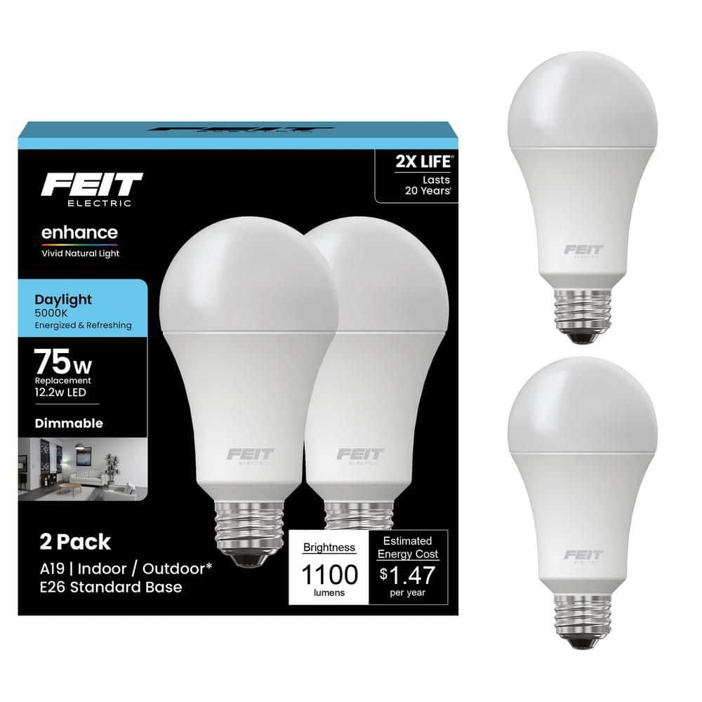 Feit Electric 75-Watt Equivalent A19 Dimmable CEC Title 20 90+ CRI E26 Medium Base LED Light Bulb, Daylight 5000K (2-Pack)