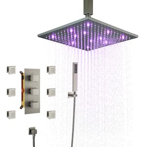 6-Spray 12 in. LED Thermostatic Dual Shower Heads Ceiling Mount Fixed and Handheld Shower Head 2.5 GPM in Brushed Nickel