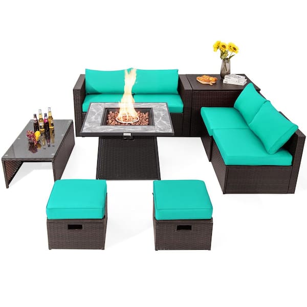 HONEY JOY 35 in. 9-Piece Wicker Patio Fire Pit Set Space-Saving Sectional Sofa Set with Storage Box and Turquoise Cushions