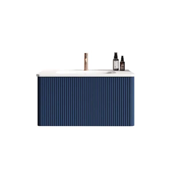 Unbranded 29.9 in. W x 18.3 in. D x 15.6 in. H Single Sink Floating Bath Vanity in Navy with White Caremic Top