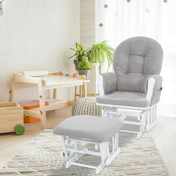 White Nursery Glider and Ottoman Set with Gray Cushion, Rocking Chair for Breastfeeding and Maternity Comfort