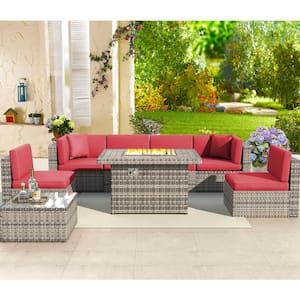 Brown 8-Pcs Wicker Patio Fire Pit Sectional Seating Set with Red Cushions 44 in. Fire Pit Coffee Table and Cover