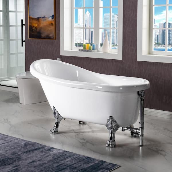 WOODBRIDGE Detroit 59 in. Heavy Duty Acrylic Slipper Clawfoot Bath Tub in White, Claw Feet, Drain & Overflow in Chrome