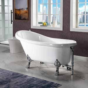 Derby 59 in. Acrylic Clawfoot Single Slipper Soaking Bathtub in White with Chrome Drain and Overflow