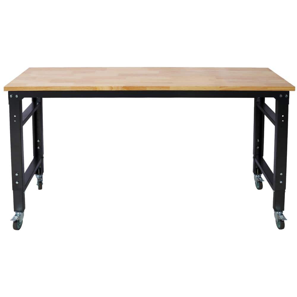 60 Inch Rolling Workbench, Adjustable Height Metal Work Table with Rubber Wood Top, Locking Casters, Black Hammertone Le price history on PriceWatchPro