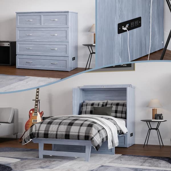 Northfield Driftwood Gray Solid Wood Frame Twin XL Murphy Bed with Mattress and Built In Charging Station