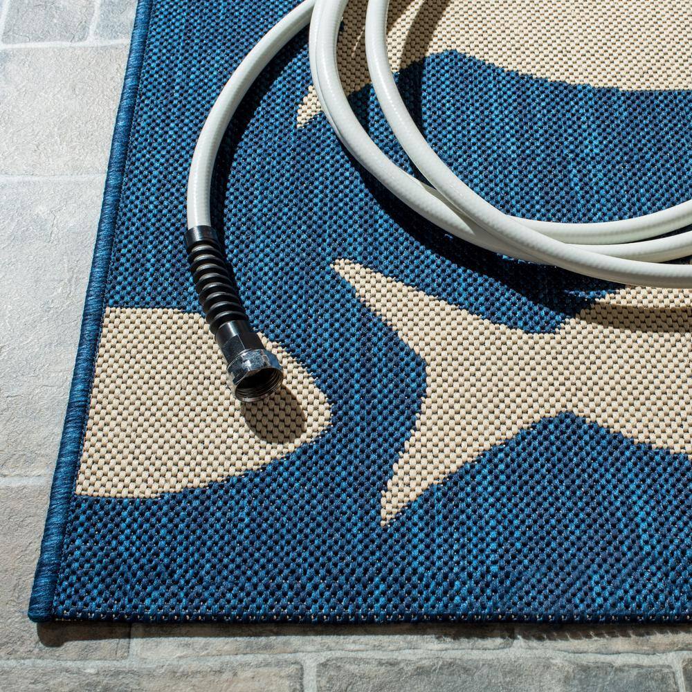 Navy and Beige 6'7" Square Synthetic Flat Woven Rug